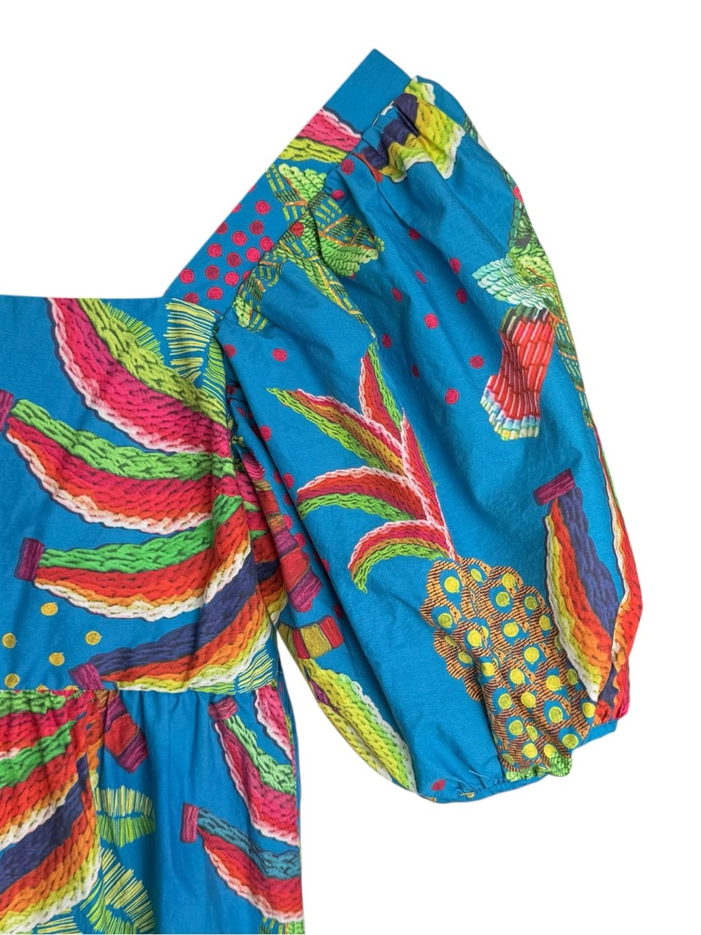 Farm Rio Tropics Tiered Midi Dress Size XS Blue Banana Print Puff Sleeve Cotton - Picture 10 of 15